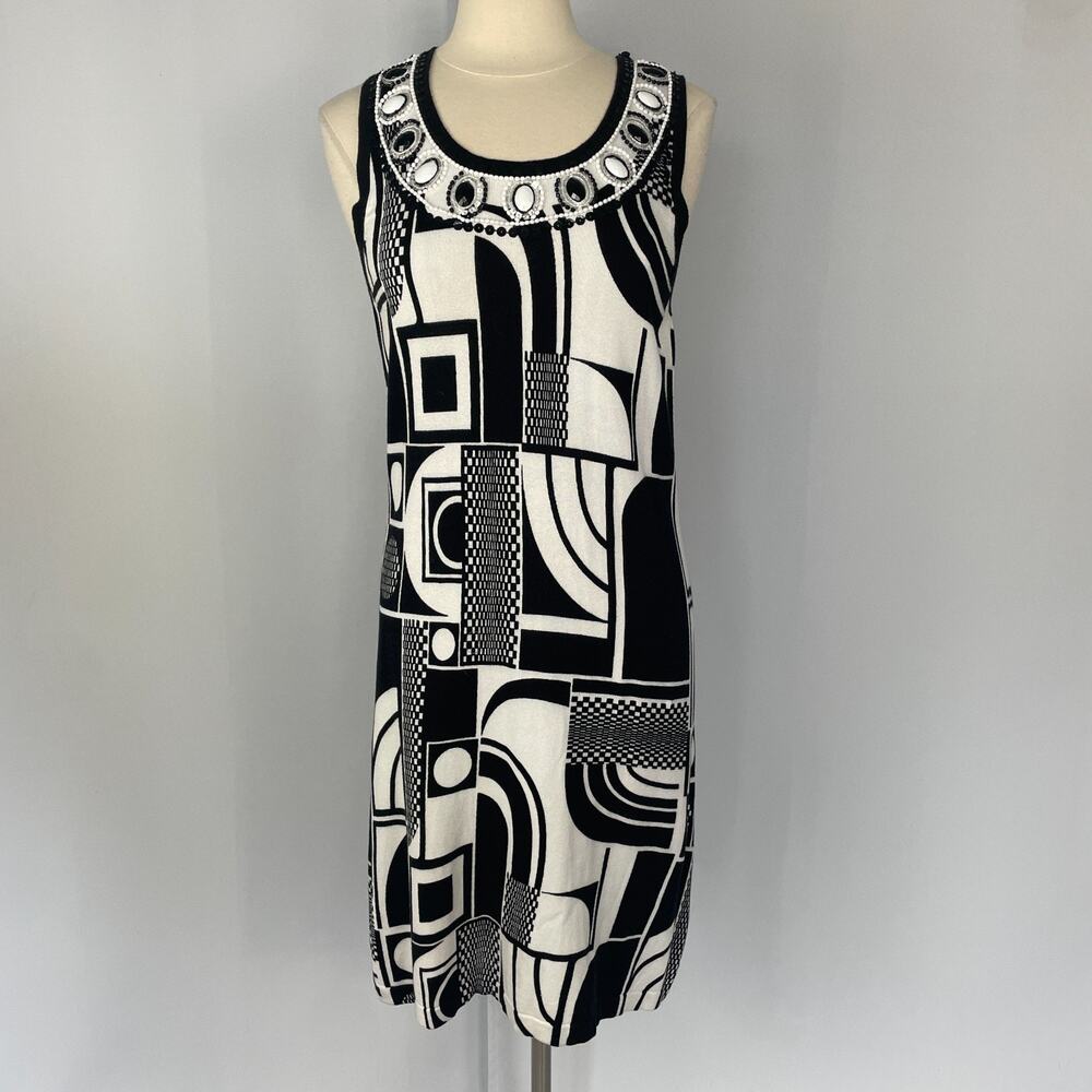 Sweater Knit Dress Size Large Black White Artsy Retro Mod GoGo Beaded Y2K 2010's